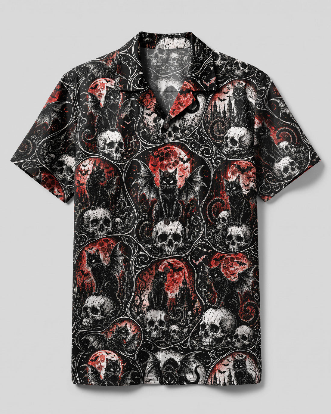 GOTHIC BLACK CAT SKULL BLOOD MOON PATCHWORK CAMP SHIRT  - TLNO0809263