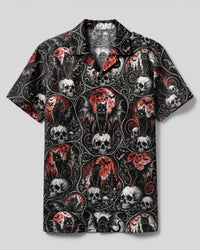 GOTHIC BLACK CAT SKULL BLOOD MOON PATCHWORK CAMP SHIRT  - TLNO0809263