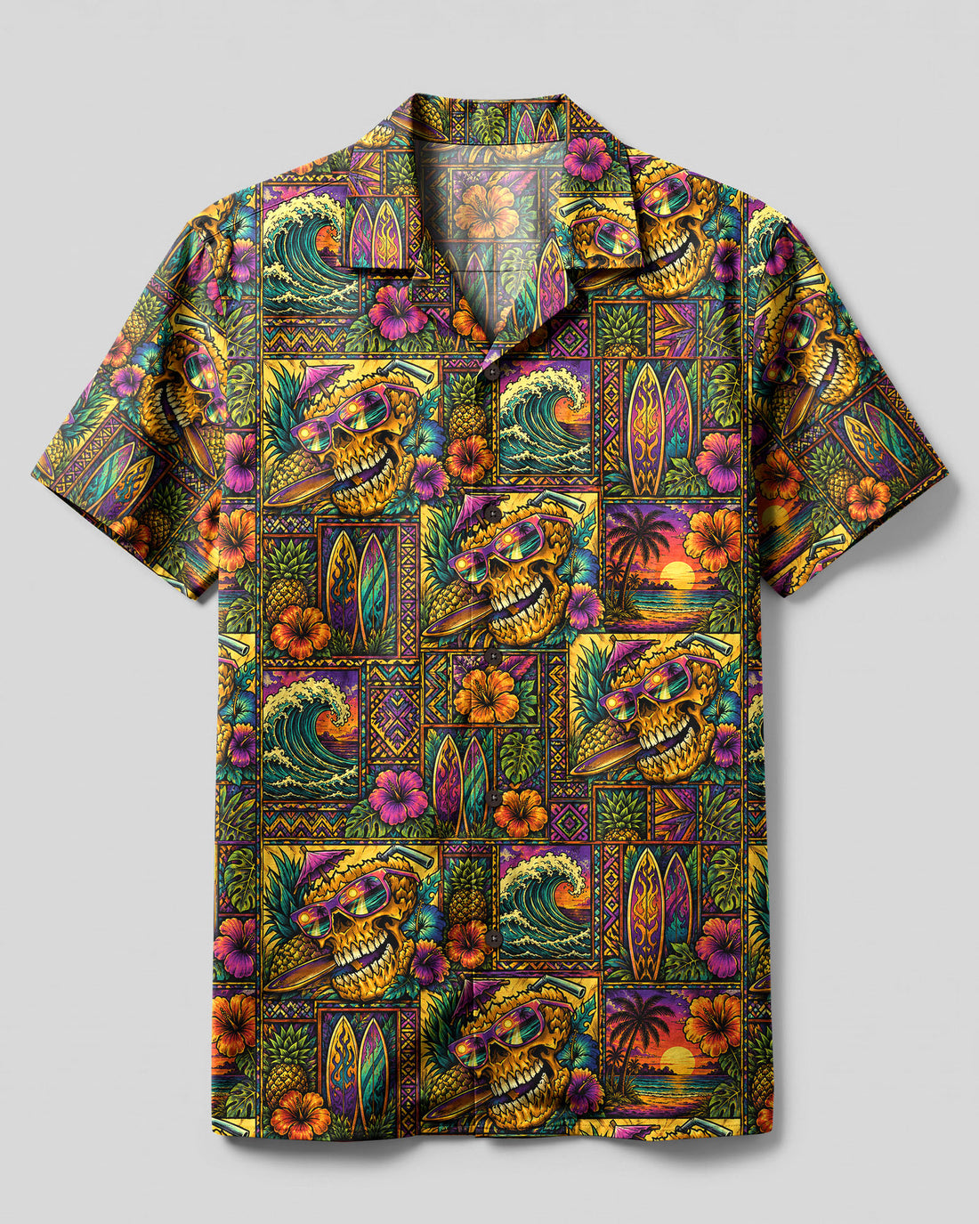 SUNSET PINEAPPLE SKULL PATCHWORK CAMP SHIRT  - TLHG0408264