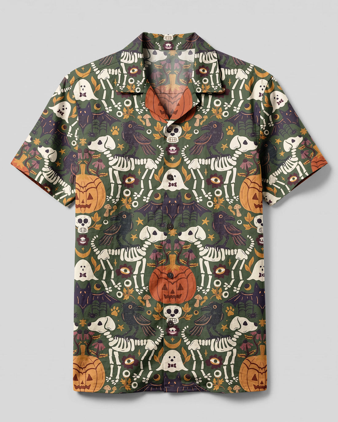 GOTHIC OLIVE SKELETON DOG AND RAVEN HALLOWEEN CAMP SHIRT - TYLN0409264