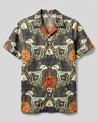 GOTHIC OLIVE SKELETON DOG AND RAVEN HALLOWEEN CAMP SHIRT - TYLN0409264