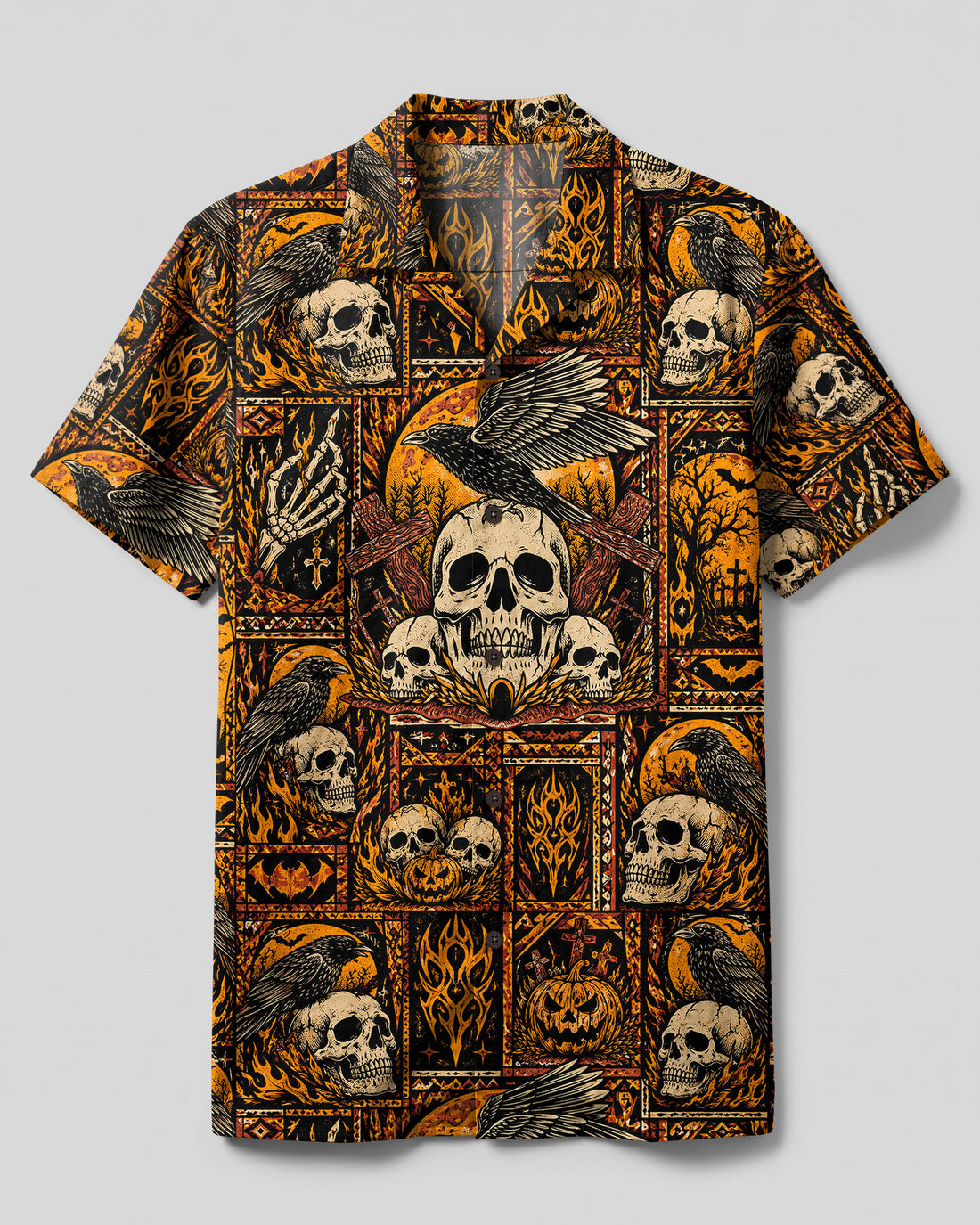 SKULL RAVEN HALLOWEEN PATCHWORK CAMP SHIRT  - TLTW0709261