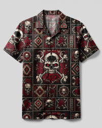 MADLY ROSE SKULL TRIBAL PATCHWORK CAMP SHIRT  - TLHG1708261