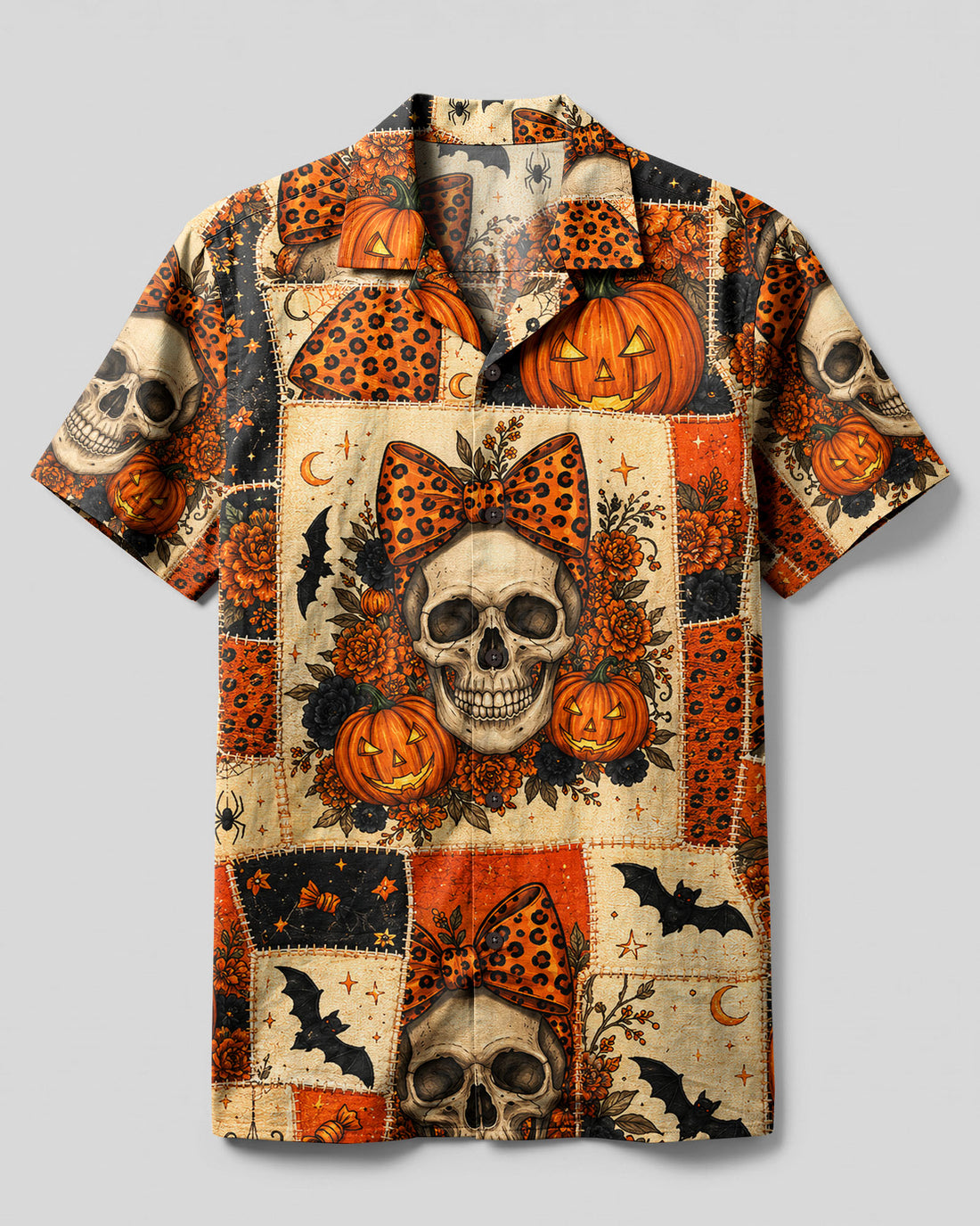 GOTHIC PUMPKIN HALLOWEEN PATCHWORK CAMP SHIRT - TYLN1008261