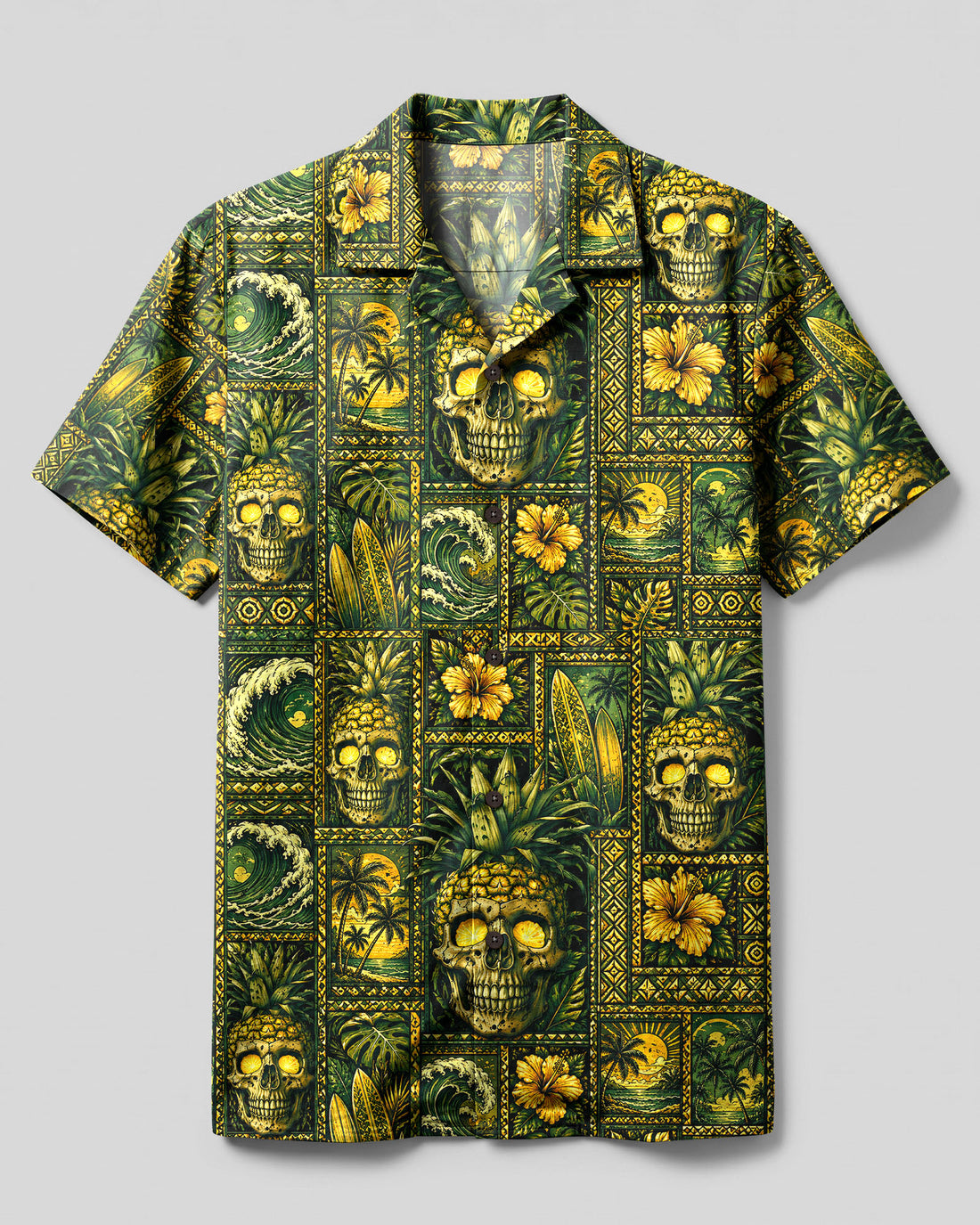 PINEAPPLE SKULL PATCHWORK CAMP SHIRT  - TLHG0708263