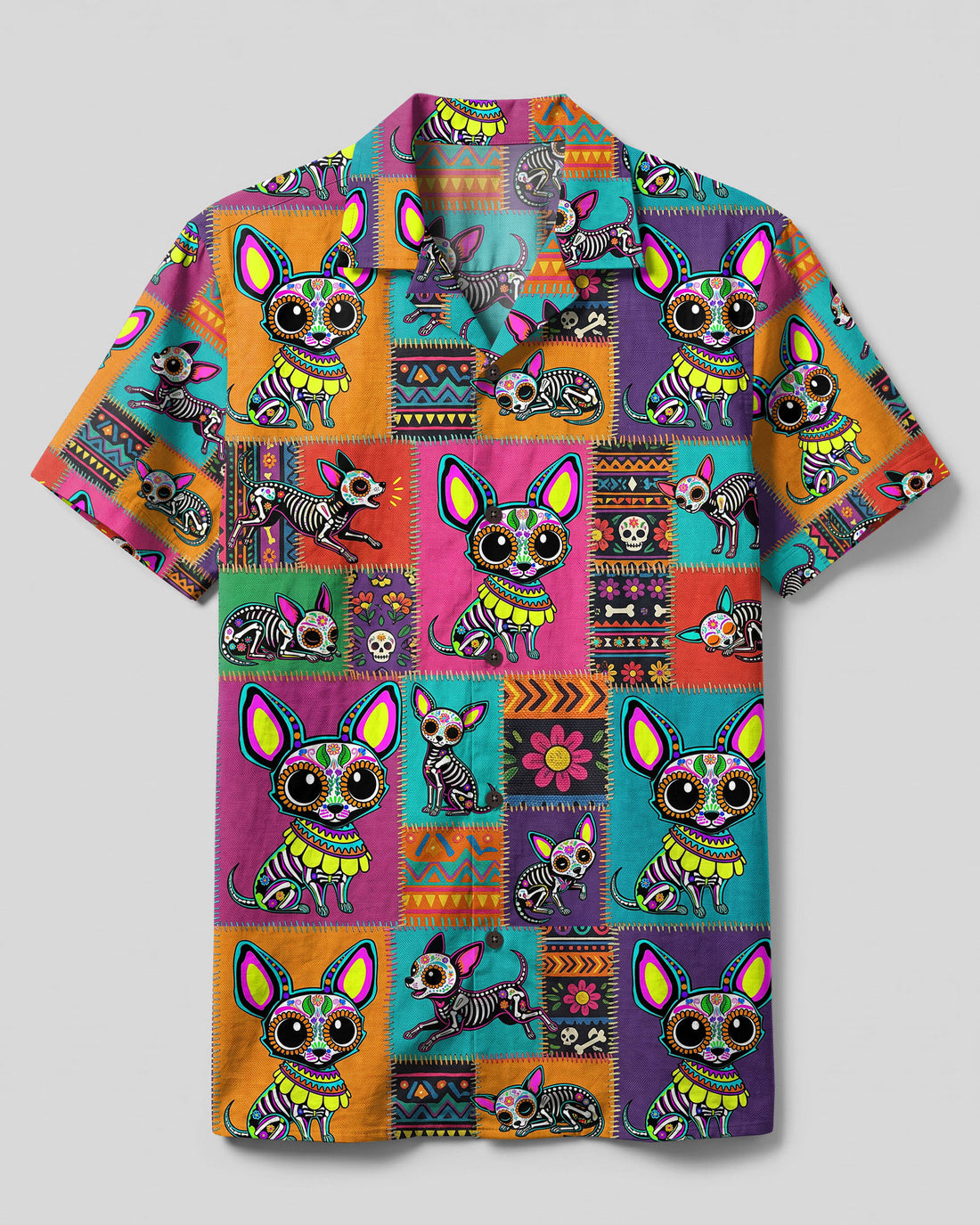 COLORFUL CALAVERA CHIHUAHUA DOG PATCHWORK CAMP SHIRT - TLTW1809261