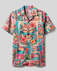 PINK TROPICAL CORAL SKULL PATCHWORK CAMP SHIRT - TYLN1308251