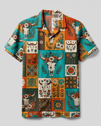 WESTERN FLORAL SKULL PATCHWORK CAMP SHIRT - TYLN2908261
