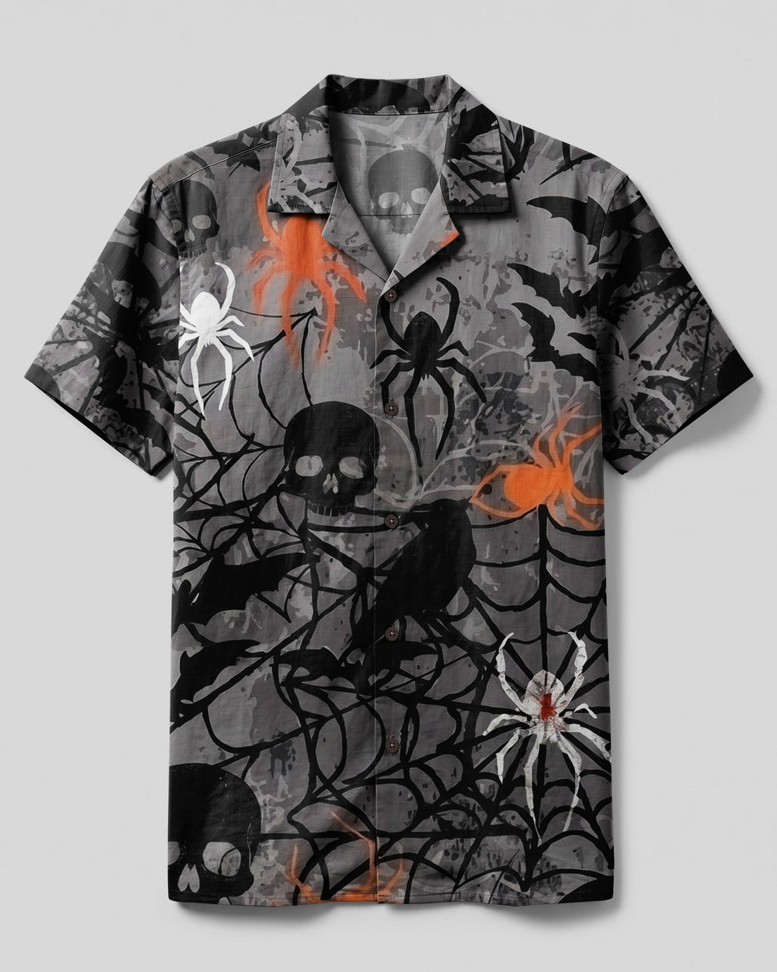 WICKED SPIDERWEB HALLOWEEN RAVEN AND SKULL PATTERN CAMP SHIRT - TYLN2608267