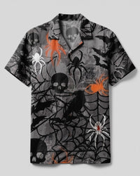 WICKED SPIDERWEB HALLOWEEN RAVEN AND SKULL PATTERN CAMP SHIRT - TYLN2608267