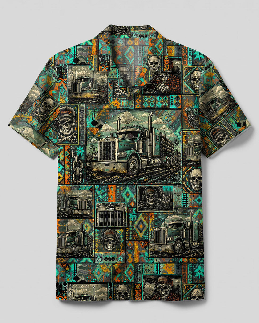 TRIBAL TRUCK SKULL PATCHWORK CAMP SHIRT  - TLTW25082610