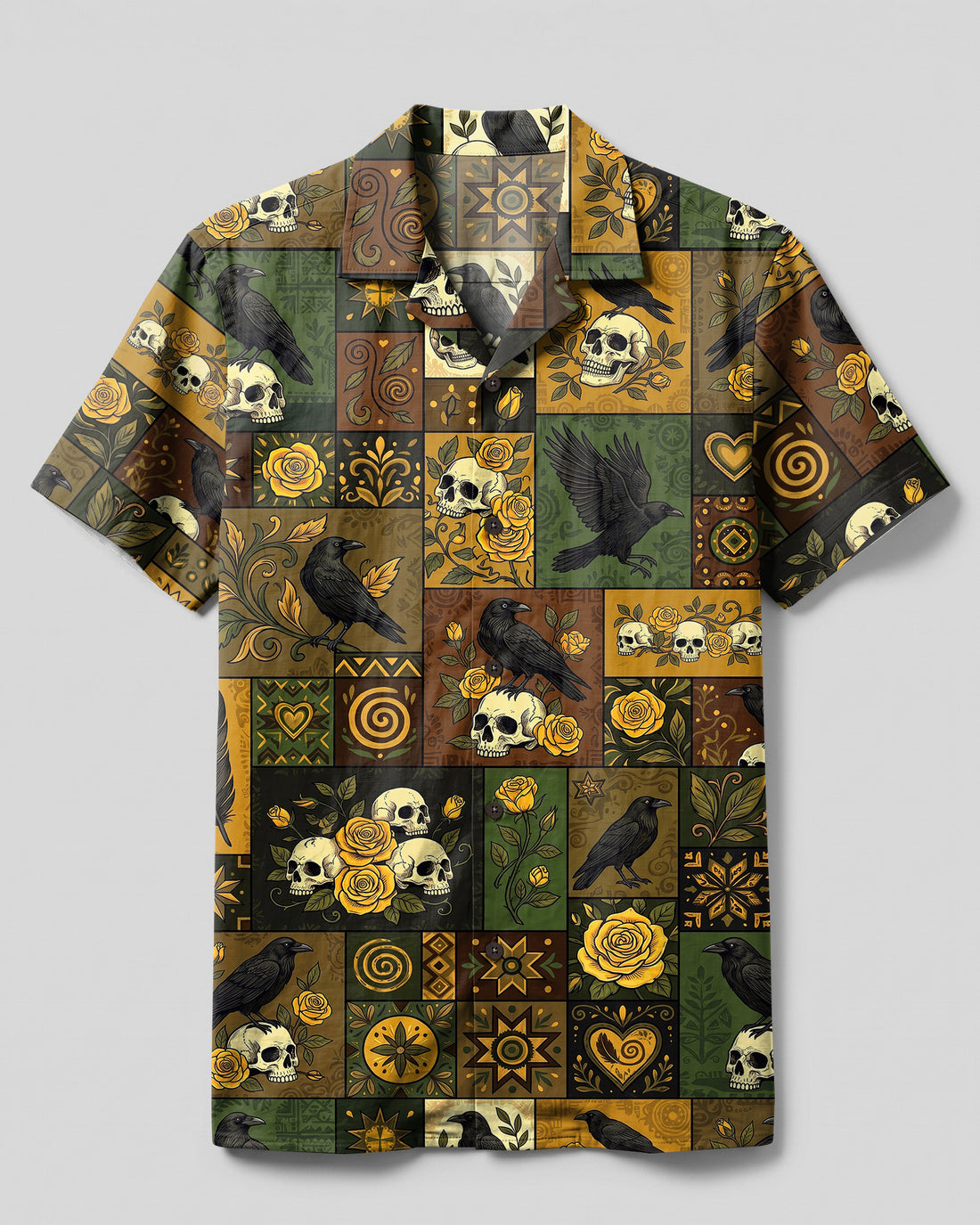 GOTHIC RAVEN SKULL AND YELLOW ROSE PATCHWORK CAMP SHIRT - TYPQ0309266