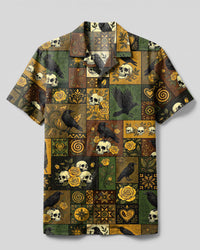 GOTHIC RAVEN SKULL AND YELLOW ROSE PATCHWORK CAMP SHIRT - TYPQ0309266