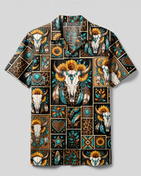 WESTERN BULL SKULL SUNFLOWER PATCHWORK CAMP SHIRT - TYPQ27082612