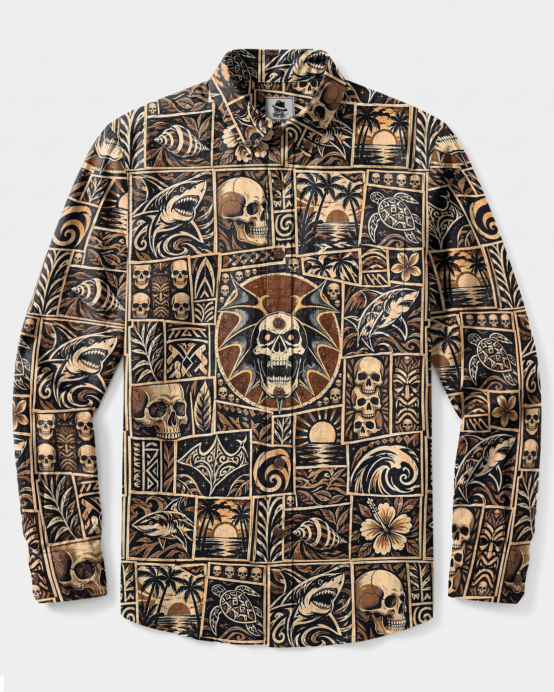 OCEAN SKULL PATCHWORK LONG SLEEVE BUTTON-DOWN SHIRT - TYPQ2409262