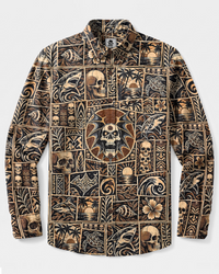 OCEAN SKULL PATCHWORK LONG SLEEVE BUTTON-DOWN SHIRT - TYPQ2409262