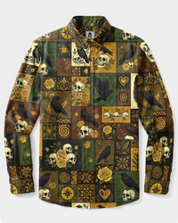 GOTHIC RAVEN SKULL AND YELLOW ROSE PATCHWORK LONG SLEEVE BUTTON-DOWN SHIRT - TYPQ0309265