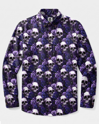 GOTHIC PURPLE SKULL ROSE PATTERN LONG SLEEVE BUTTON-DOWN SHIRT - TYPQ2608268