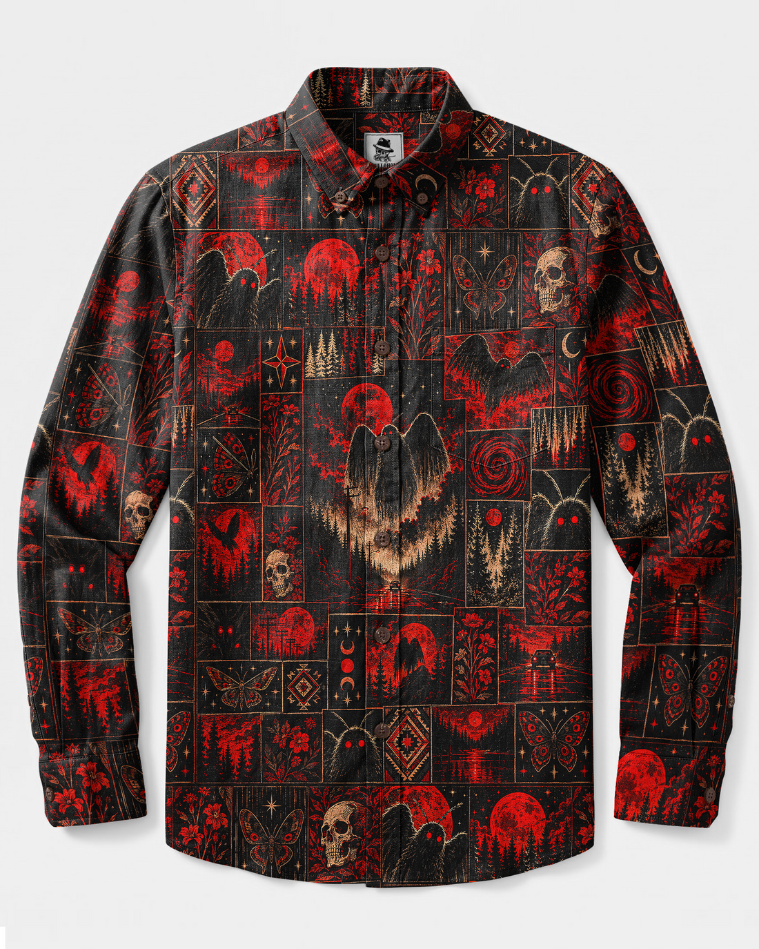 RED MOTHMAN PATCHWORK LONG SLEEVE BUTTON-DOWN SHIRT - TYPQ2509266