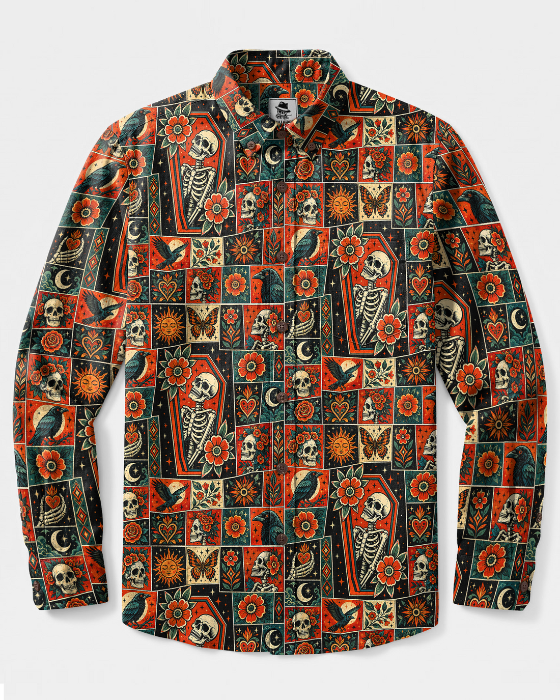 MYSTIC COFFIN SKELETON PATCHWORK LONG SLEEVE BUTTON-DOWN SHIRT - TYPQ1909267
