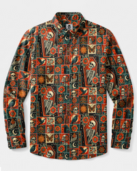 MYSTIC COFFIN SKELETON PATCHWORK LONG SLEEVE BUTTON-DOWN SHIRT - TYPQ1909267