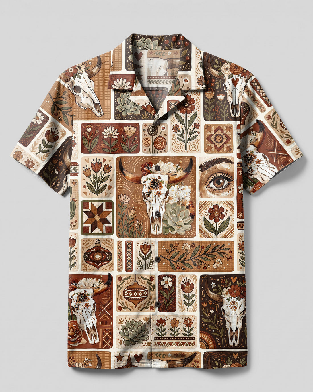 RUSTIC WESTERN BULL SKULL SUCCULENT PATCHWORK CAMP SHIRT - TYPQ2808263