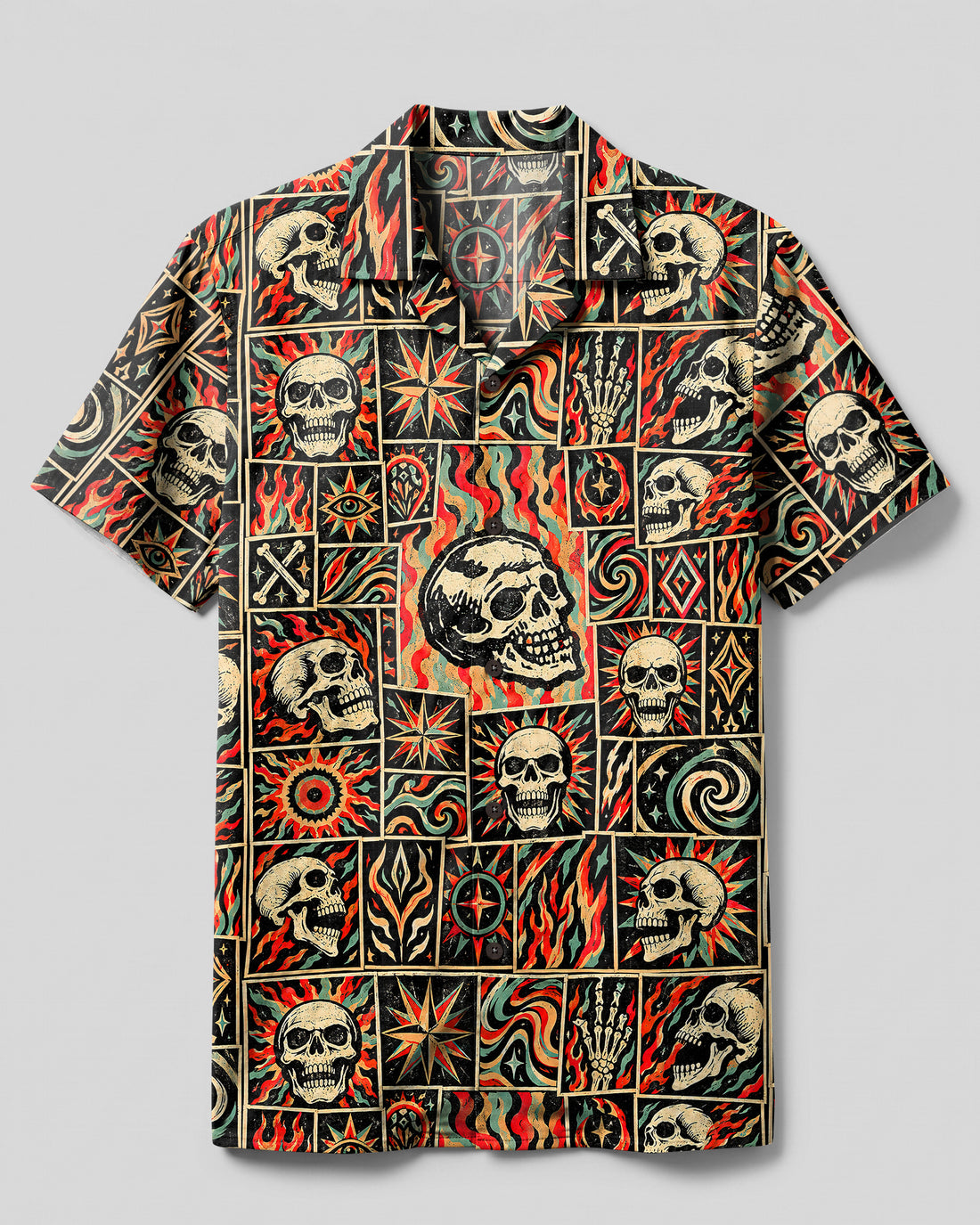 FIERY SKULL PATCHWORK CAMP SHIRT - TYPQ2309266