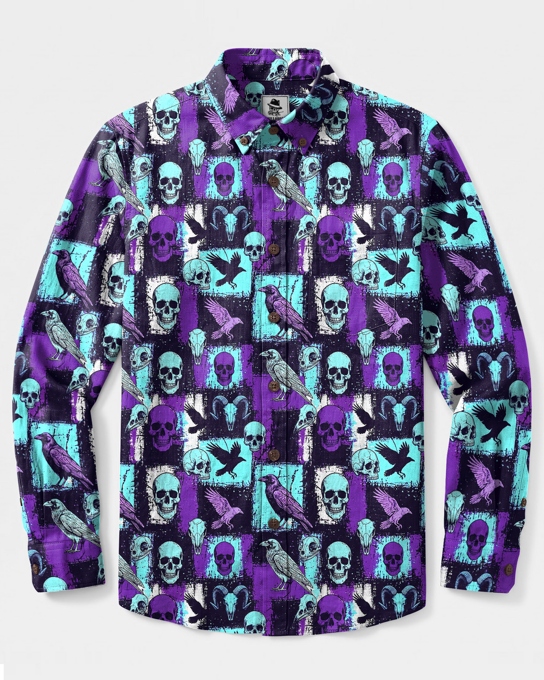 MYSTIC RAVEN SKULL PATCHWORK LONG SLEEVE BUTTON-DOWN SHIRT - TYPQ2708262