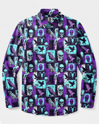 MYSTIC RAVEN SKULL PATCHWORK LONG SLEEVE BUTTON-DOWN SHIRT - TYPQ2708262