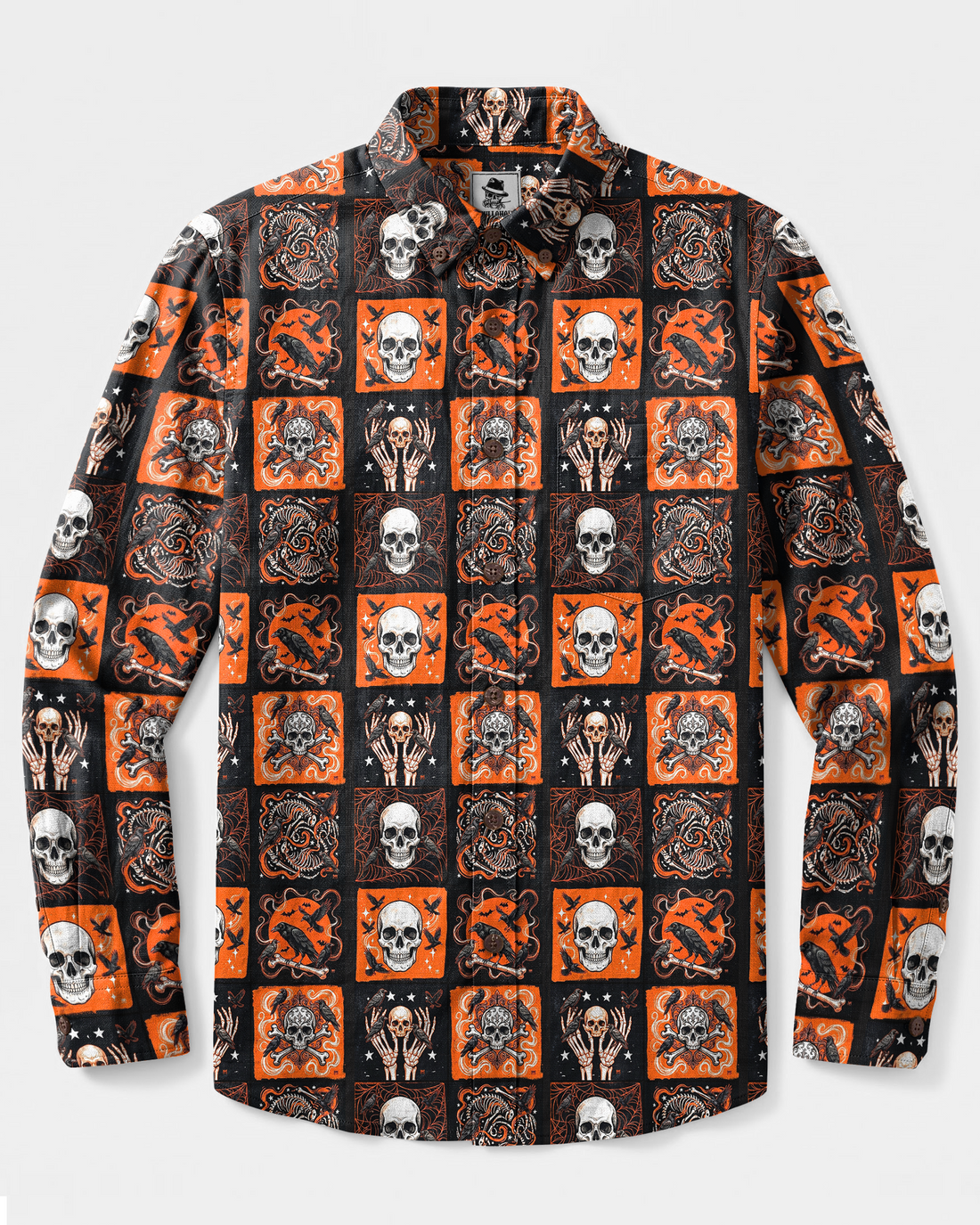 DARK RAVEN SKULL PATCHWORK LONG SLEEVE BUTTON-DOWN SHIRT - TYPQ2608265