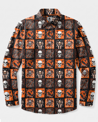 DARK RAVEN SKULL PATCHWORK LONG SLEEVE BUTTON-DOWN SHIRT - TYPQ2608265