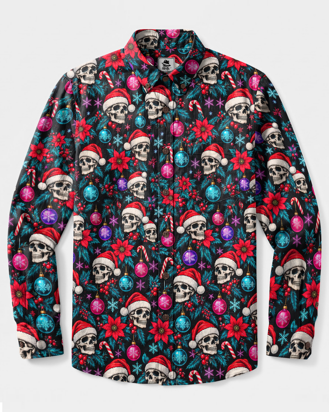 CHRISTMAS SKULL MOSAIC LONG SLEEVE BUTTON-DOWN SHIRT - TYPQ1910264