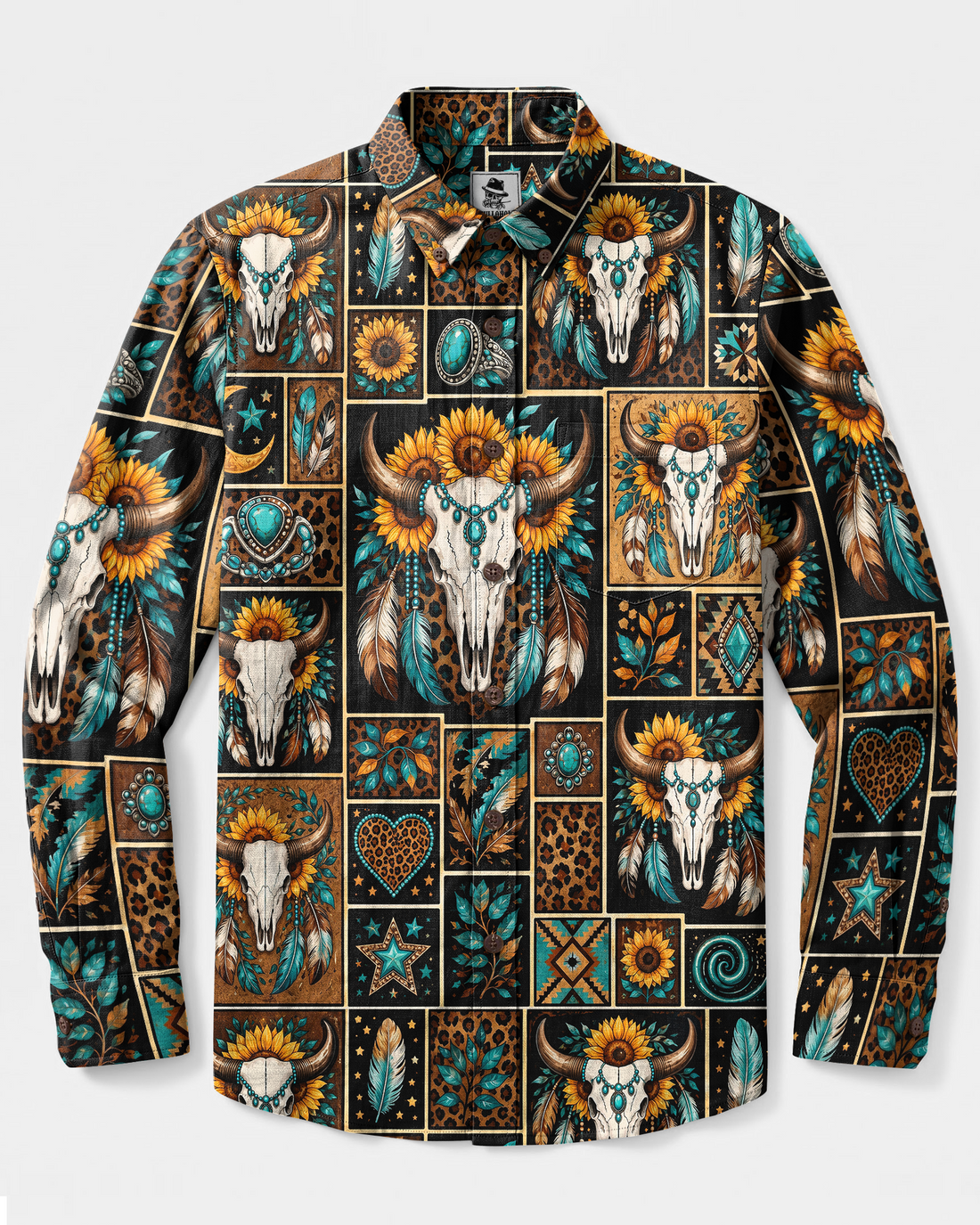 WESTERN BULL SKULL SUNFLOWER PATCHWORK LONG SLEEVE BUTTON-DOWN SHIRT - TYPQ27082611
