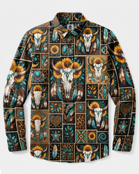 WESTERN BULL SKULL SUNFLOWER PATCHWORK LONG SLEEVE BUTTON-DOWN SHIRT - TYPQ27082611