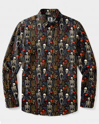 GOTHIC SKELETON BOTANICAL FLORAL LONG SLEEVE BUTTON-DOWN SHIRT - TYPQ0409266