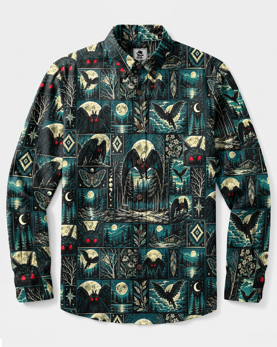 MIDNIGHT MOTHMAN PATCHWORK LONG SLEEVE BUTTON-DOWN SHIRT - TYPQ230926