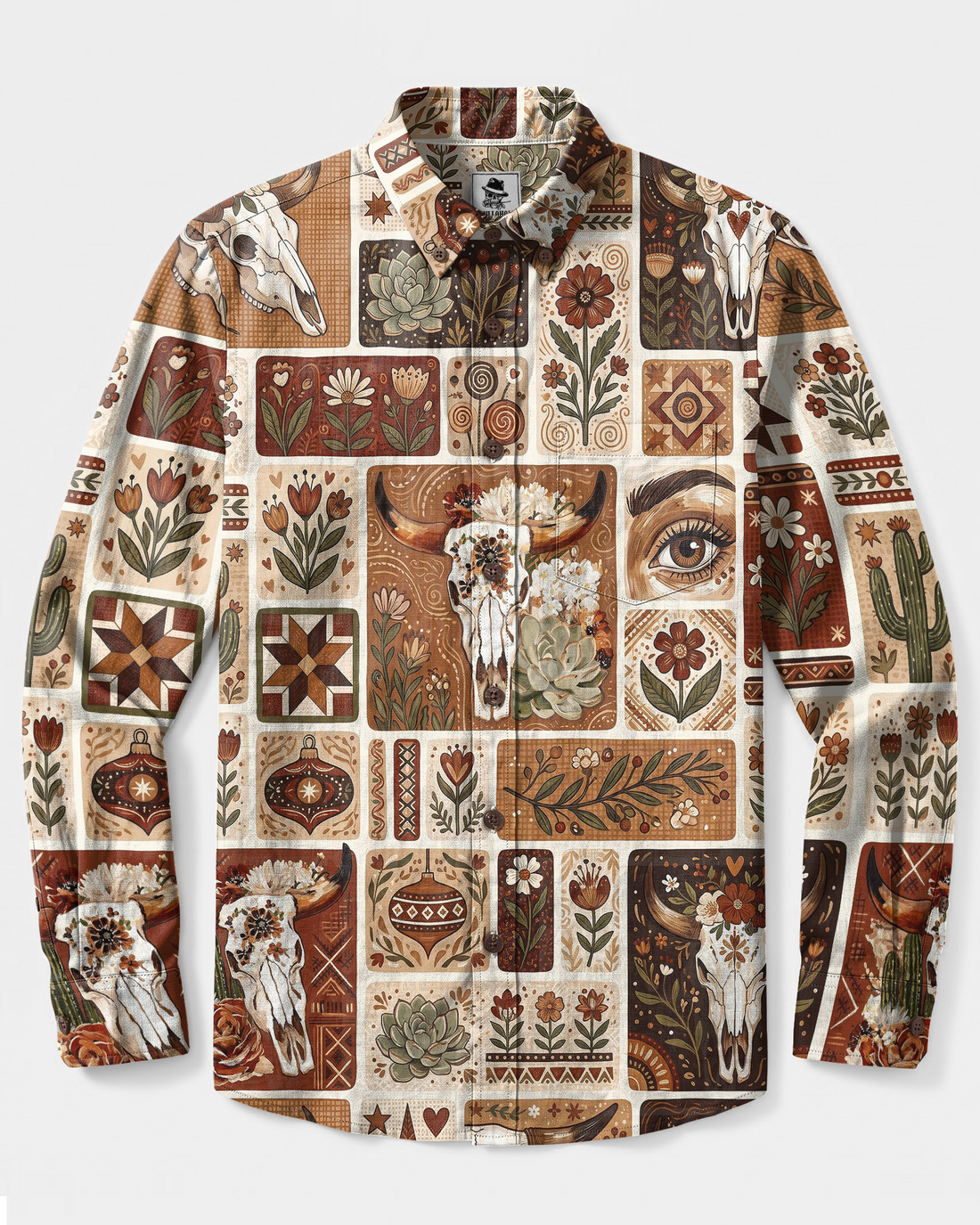 RUSTIC WESTERN BULL SKULL SUCCULENT PATCHWORK LONG SLEEVE BUTTON-DOWN SHIRT - TYPQ2808262