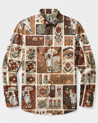 RUSTIC WESTERN BULL SKULL SUCCULENT PATCHWORK LONG SLEEVE BUTTON-DOWN SHIRT - TYPQ2808262