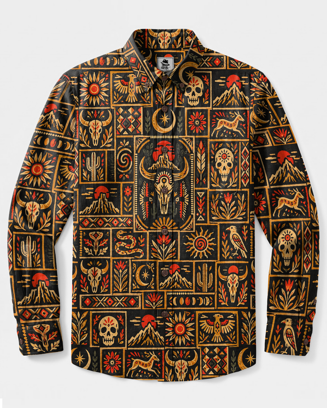 WESTERN SKULL PATCHWORK LONG SLEEVE BUTTON-DOWN SHIRT - TYPQ0110269
