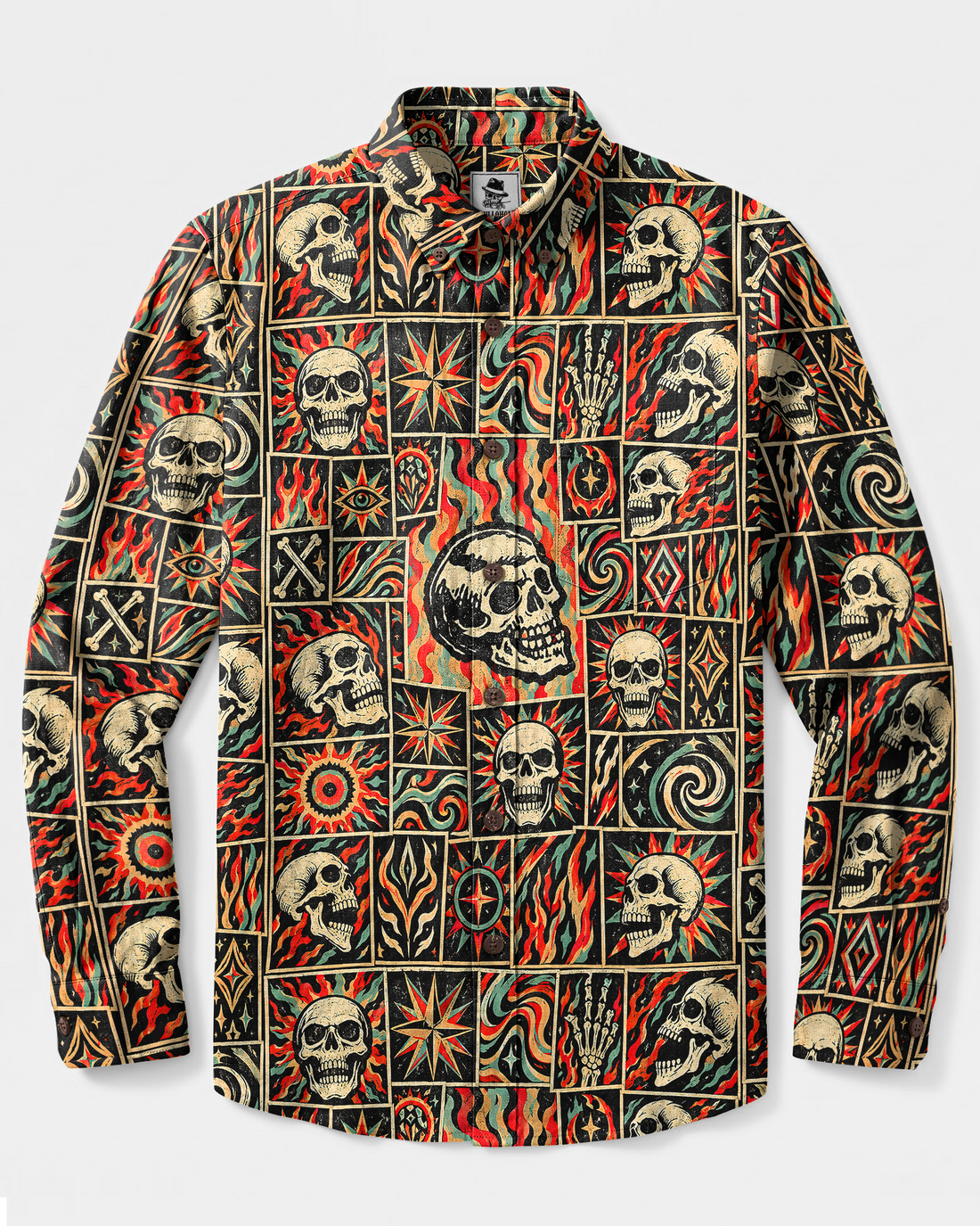 FIERY SKULL PATCHWORK LONG SLEEVE BUTTON-DOWN SHIRT - TYPQ2309265