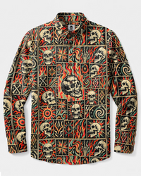 FIERY SKULL PATCHWORK LONG SLEEVE BUTTON-DOWN SHIRT - TYPQ2309265