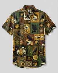 GOTHIC RAVEN SKULL AND YELLOW ROSE PATCHWORK BUTTON-DOWN COLLAR SHIRT - TYPQ0309264