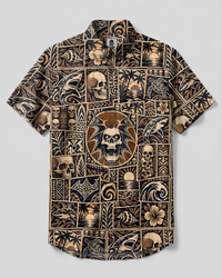 OCEAN SKULL PATCHWORK BUTTON-DOWN COLLAR SHIRT - TYPQ2409261
