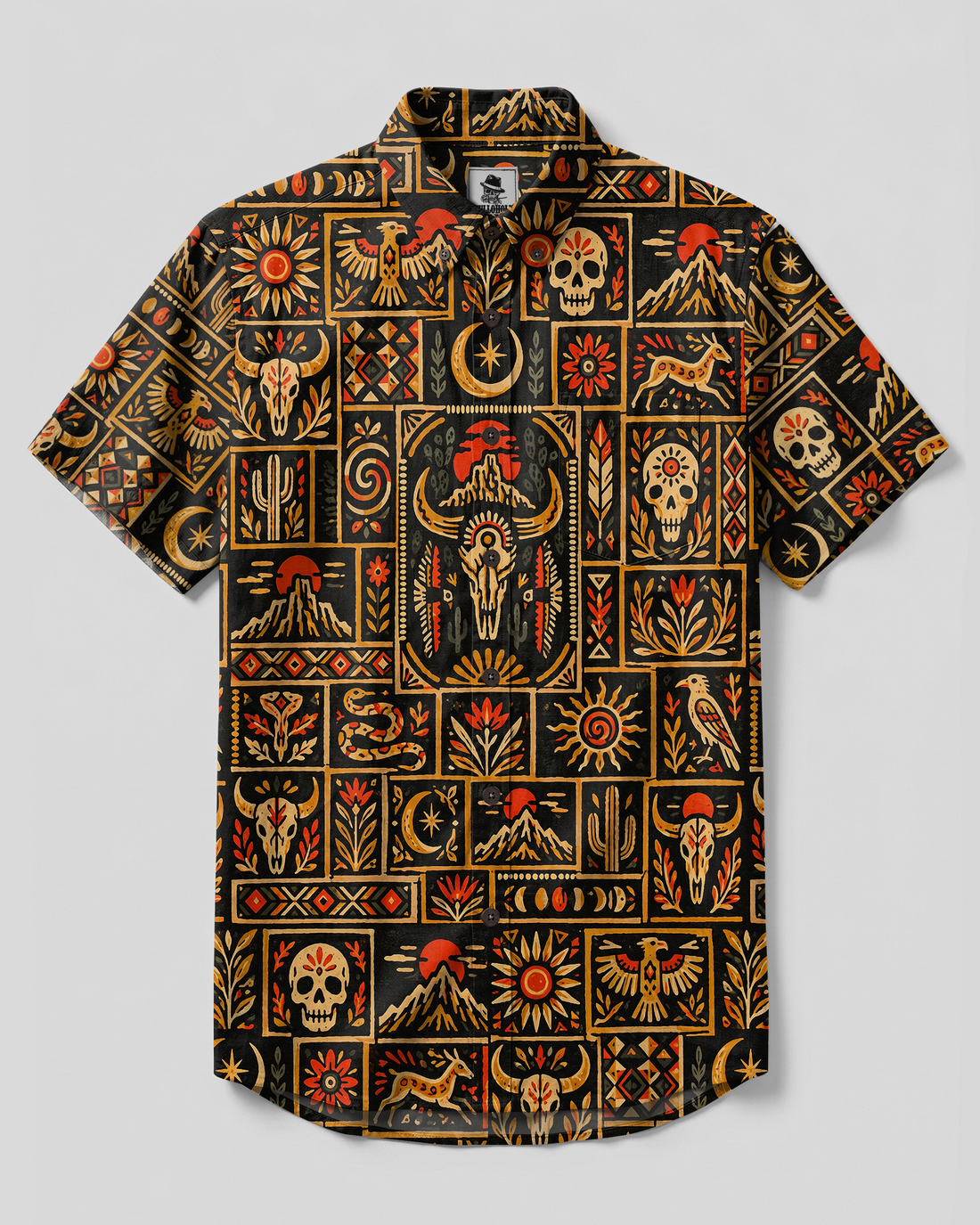 WESTERN SKULL PATCHWORK BUTTON-DOWN COLLAR SHIRT - TYPQ0110268