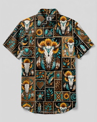 WESTERN BULL SKULL SUNFLOWER PATCHWORK BUTTON-DOWN COLLAR SHIRT - TYPQ27082610