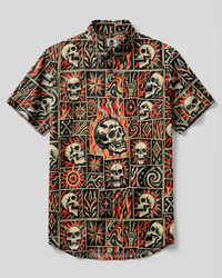 FIERY SKULL PATCHWORK BUTTON-DOWN COLLAR SHIRT - TYPQ2309264