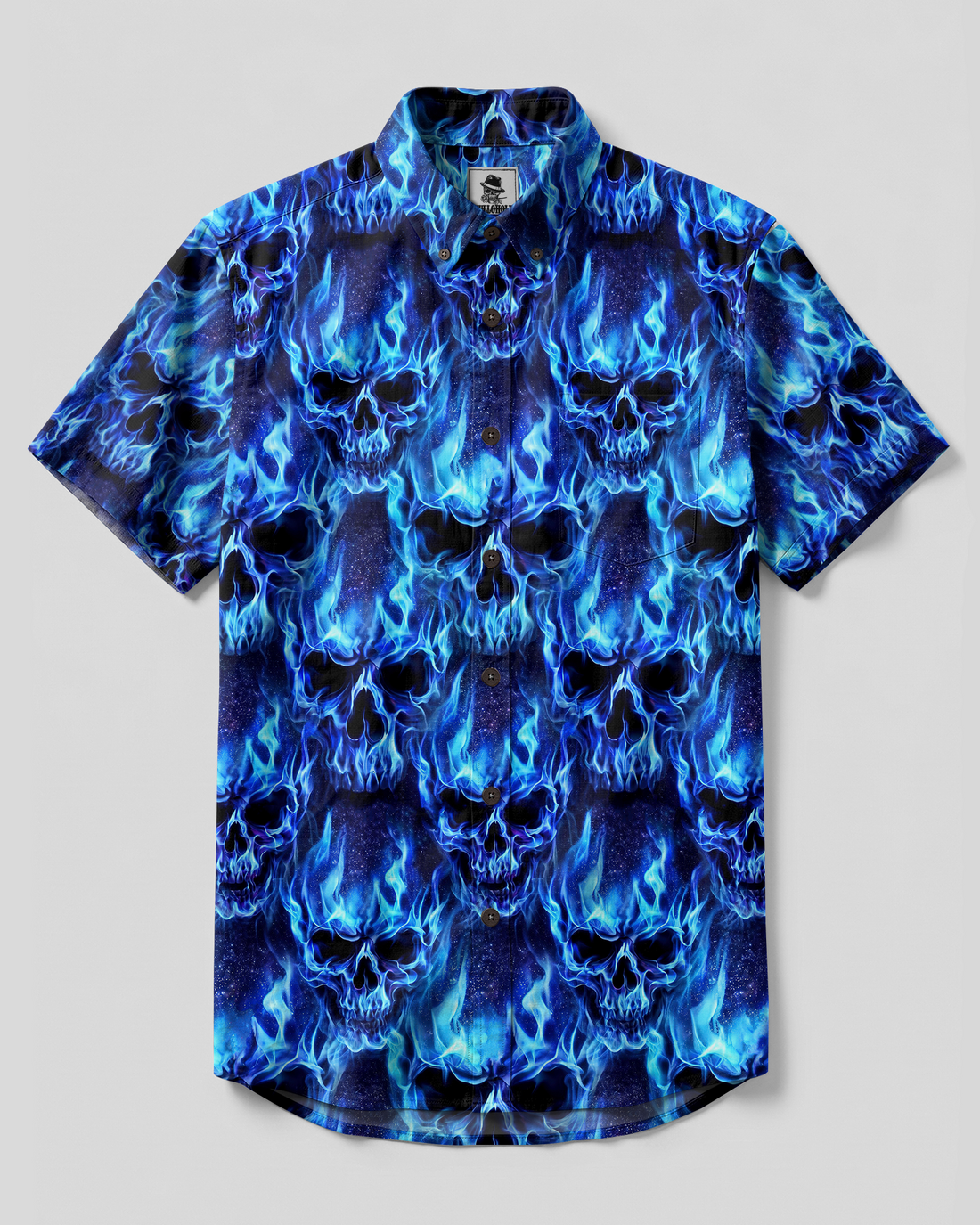BLUE FLAME SKULL PATTERN BUTTON-DOWN COLLAR SHIRT - TYPQ2710262