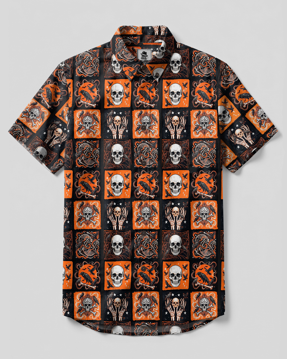 DARK RAVEN SKULL PATCHWORK BUTTON-DOWN COLLAR SHIRT - TYPQ2608264