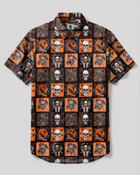 DARK RAVEN SKULL PATCHWORK BUTTON-DOWN COLLAR SHIRT - TYPQ2608264