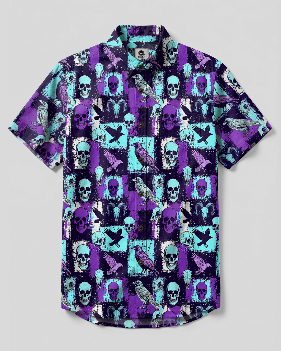 MYSTIC RAVEN SKULL PATCHWORK BUTTON-DOWN COLLAR SHIRT - TYPQ2708261